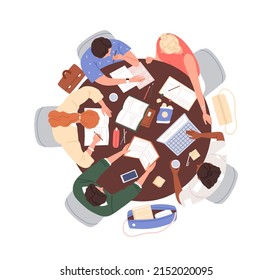 Group of people at table, top view. Students team work at desk with books, laptop. Meeting for teamwork, studying, preparing for exam together. Flat vector illustration isolated on white background