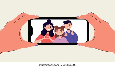 Group of people take pictures in phones. Flat style. Smartphone. Hands holding phone. Looking photo. Сamera. Trendy characters smile. Screen. Post. Telephone. Friendship day. Memory. 30 July. Vector