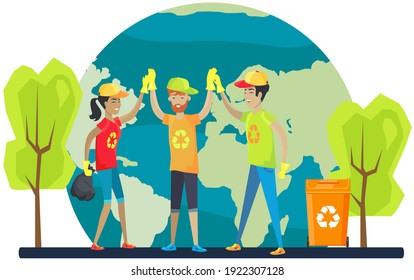 Group of people takes care about planet ecology. Protect nature and environment banner. Earth day concept. Volunteers throw plastic waste in containers for garbage. Team cleans up waste for recycling