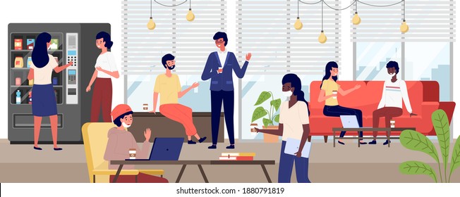 Group of people taking coffee break. Girls are buying food from vending machine. Office employees spend time together vector illustration. Colleagues drink and communicate with each other at work