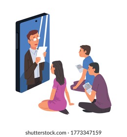 Group of People Taking with Colleague via the Internet, Videoconferencing and Online Meeting Workspace,Online Consulting Vector Illustration