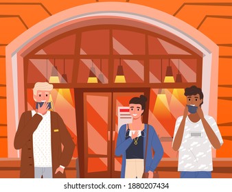 Group of people is taking off medical masks. People adhere to quarantine regulations. Cartoon characters on the background of the cafe, quarantine period, pandemic time, vector illustration