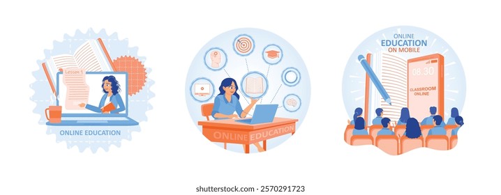 A group of people taking online education. Woman studying using laptop. Internet online education digital classes. Online Education Concept. Set flat vector illustration.