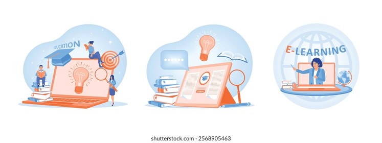 A group of people taking part in distance learning. Online education at home. Education icon on the computer. E-learning concept. Set flat vector illustration.