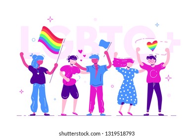 Group of people taking part in pride parade. Men and women at street demonstration for LGBT rights. Group of gay, lesbian, bisexual, transgender activists with rainbow flag. LGBTQ+. Love parade. Flat