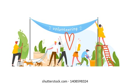 Group of people taking part in volunteer organization or movement, volunteering or performing altruistic activities together - walking dogs, hanging banner, watering plants. Flat vector illustration.
