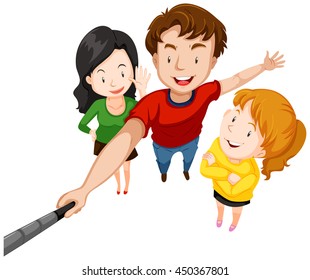 Group of people taking selfie with stick illustration