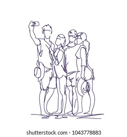 Group Of People Taking Together Selfie Photo On Smart Phone Doodle Men And Women Make Self Portrait Vector Illustration