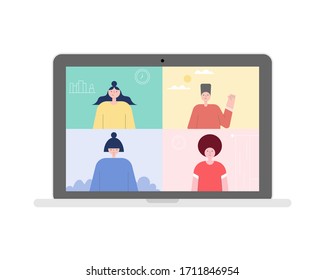 Group of people talk to each other on laptop computer screen. Video conference. Work from home. 