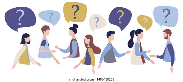 Group Of People Talking. People Around Question Marks. Question Answer Metaphor. Modern Flat Cartoon Style. Vector Illustration