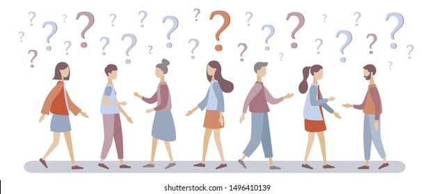 Group of people talking. People around question marks. Question answer metaphor. Modern flat cartoon style. Vector illustration