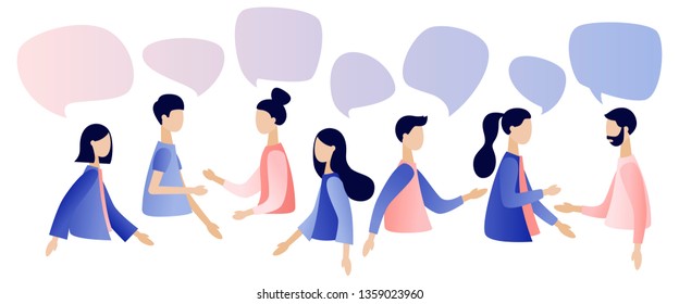 Group of people talking . Businessmen discuss social network, news, social networks, chat, dialogue speech bubbles. Flat cartoon style. Vector illustration