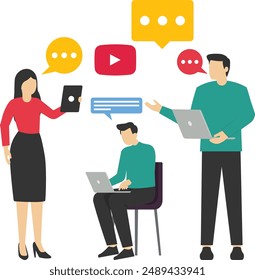 Group of people talking. businessmen discussing social networks, news, social networks, chat, and dialogue speech bubbles above them. Vector illustration in flat style.