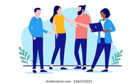 Group of people talking - Businesspeople in office having conversation and discussion together standing. Flat design vector illustration with white background