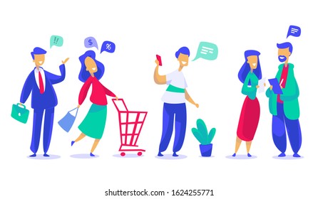 group of people talking, buying, negotiating and checking products