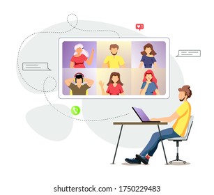 Group of people talking by internet. Video conferencing, Online meeting, Work at home, Distance learning, communication concept. Vector illustration for poster, banner, presentation, commercial.