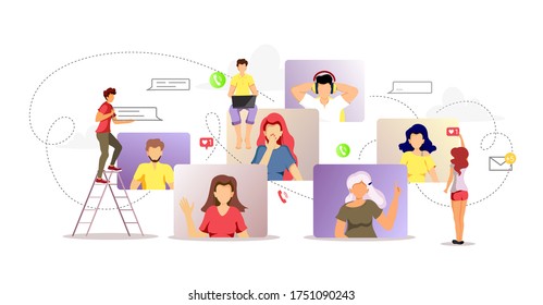 Gruppe von Leuten, die über das Internet sprechen. Videokonferenzen, Online-Treffen, Heimarbeit, Fernunterricht, Kommunikationskonzept. Vektorgrafik für Poster, Banner, Präsentation, Werbung.
