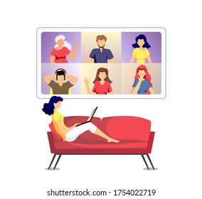 Group of people talking by internet. Video conferencing, Online meeting, Work at home, Distance learning, communication concept. Vector illustration for poster, banner, presentation, commercial.