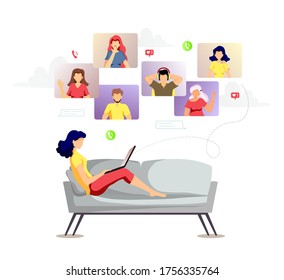 Group of people talking by internet. Video conferencing, Online meeting, Work at home, Distance learning, communication concept. Vector illustration for poster, banner, presentation, commercial.