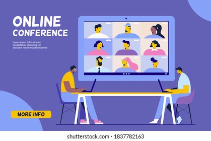 Group of people talking by internet. Conference video call. Coronavirus, quarantine isolation.
Stream, web chatting, online meeting friends flat vector illustration.
