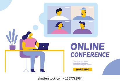 Grupo de personas hablando por internet. Videollamada de conferencia. Coronavirus, aislamiento de cuarentena.
Stream, chat web, encuentro en línea con amigos e ilustración vectorial plana.