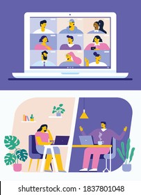 Group of people talking by internet. Conference video call. Coronavirus, quarantine isolation. Laptop screen. Stream, web chatting, online meeting friends flat vector illustration.