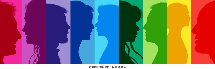 Group of people talking. Communication people. Connected crowd. Community. Social media. Concept networking. Diversity silhouette profile rainbow colors