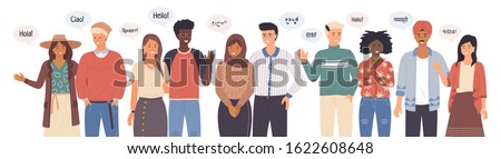Group of people talking different languages saying hi. Greeting people waving hands and gesturing. Diverse nations representatives waving hand. Foreign phrases from native speakers say hello ethnicity