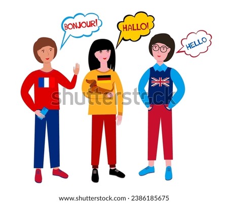 Group of people talking different languages saying hi. Students greeting in english french german.  Diverse nations representatives waving hand. Foreign phrases from native speakers say hello ethnicit