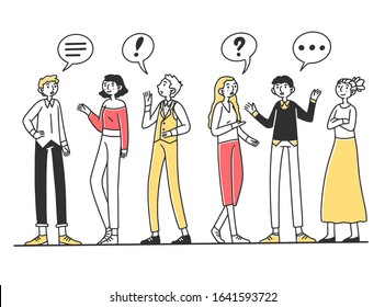 Group of people talking to each other. Men and women chatting with dialog bubbles and gestures. Vector illustration for communication, conversation, discussion concept