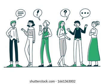 Group of people talking to each other. Men and women chatting with dialog bubbles and gestures. Vector illustration for communication, conversation, discussion concept