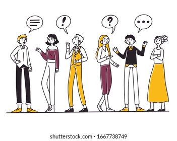 Group of people talking to each other. Men and women chatting with dialog bubbles and gestures. Vector illustration for communication, conversation, discussion concept
