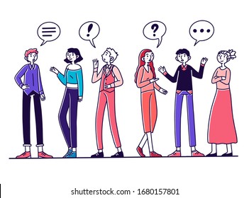 Grupo de personas hablando entre sí. Hombres y mujeres charlando con burbujas de diálogo y gestos. Ilustración vectorial para comunicación, conversación, concepto de discusión