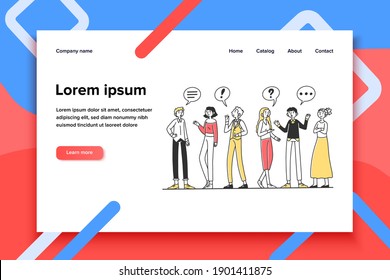Grupo de personas hablando entre sí. Hombres y mujeres charlando con burbujas de diálogo y gestos. Ilustración vectorial para comunicación, conversación, concepto de discusión