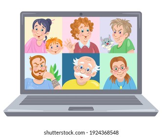 Un grupo de personas están hablando entre sí en la pantalla del ordenador. Chat de video en línea. Comunicación por Internet. Al estilo de las caricaturas. Ilustración plana vectorial. Aislado sobre fondo blanco