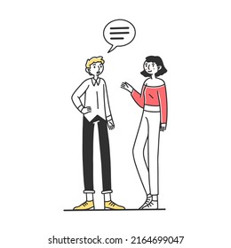 Group of people talking to each other. Men and women chatting with dialog bubbles and gestures. Vector illustration for communication