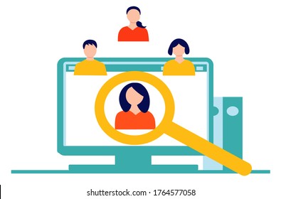 Group of people talking online on a laptop. Online meeting concept, virtual meeting, vector illustration in flat style.
Check mark with magnifying glass icon in flat style. Search for a friend.