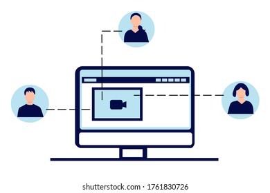 Grupo de personas hablando en línea de videoconferencia en laptop. Concepto de reunión en línea, reunión virtual, videoconferencia, chat web, trabajo a distancia. Ilustración vectorial en estilo plano.