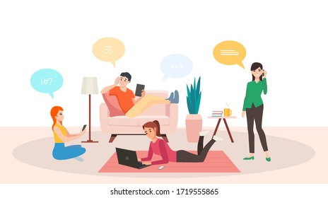 Group of people talking smartphone and working on laptop from home in living room during corona virus pandemic quarantine in flat icon design