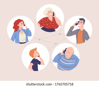 Group of people talking with smartphones. Family generations connecting on distance. Online communication. Parents and kids avatars. Vector character. 