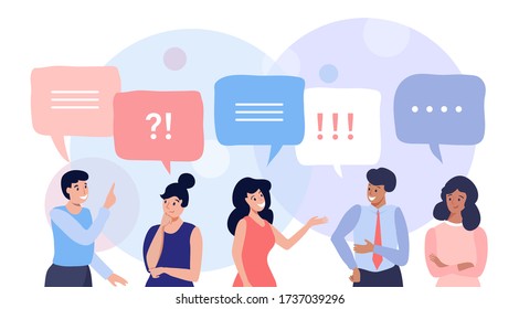 Group of people talking and thinking, friends with speech bubbles, vector flat illustration svg