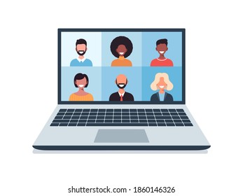 group of people talking in videocall conference, social distancing. Vector illustration of people having communication via telecommuting system.