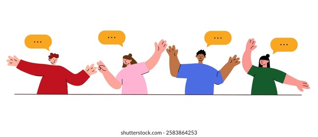 Group of people talking and waving – Flat vector illustration. Perfect for websites, presentations, social media, teamwork concepts, communication apps, and business materials. 