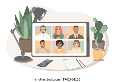 Group of people talking web chatting via video conference. Online meeting, concept  online training or education . Stay home safe, quarantine concept. Vector illustration in flat style.