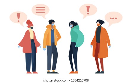 Group of people talking while keeping social distance to prevent covid19 transmission. Flat design illustration.