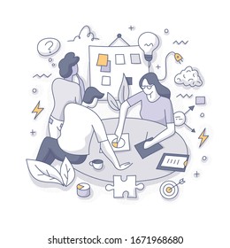 A group of people in the team is brainstorming and sharing ideas. Colleagues are working together to solve a problem. Teamwork. Doodle vector spot illustration