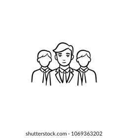 Grupo de personas, miembros del equipo dibujaron a mano el icono del doodle de contorno vectorial. Ilustración de esbozo de grupo de trabajo para impresión, web, móviles e infografías aisladas en fondo blanco.