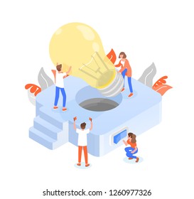 Group of people or team members putting giant lightbulb into light fixture. Teamwork or effective and efficient collective work, collaboration and cooperation. Colorful isometric vector illustration.