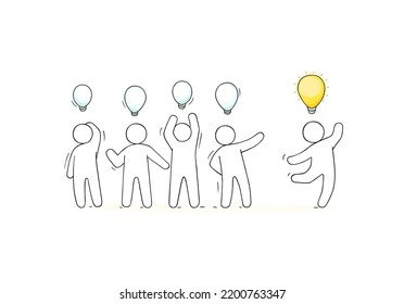 Group Of People, Team With One Unique Man With Creative Idea, Good Solution Or Innovation. Happy Person With Yellow Light Bulb And Puzzled Characters, Vector Sketch Illustration