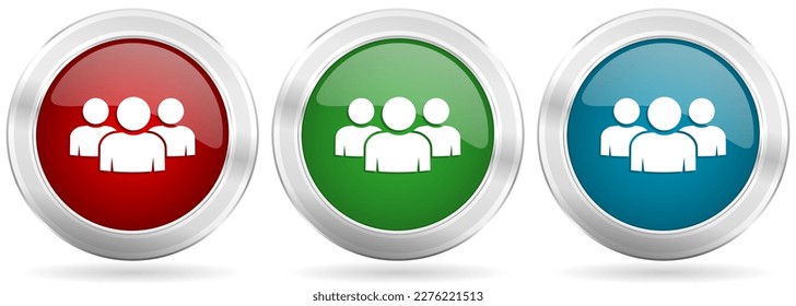 Group of people, team, teamwork vector icon set. Red, blue and green silver metallic web buttons with chrome border